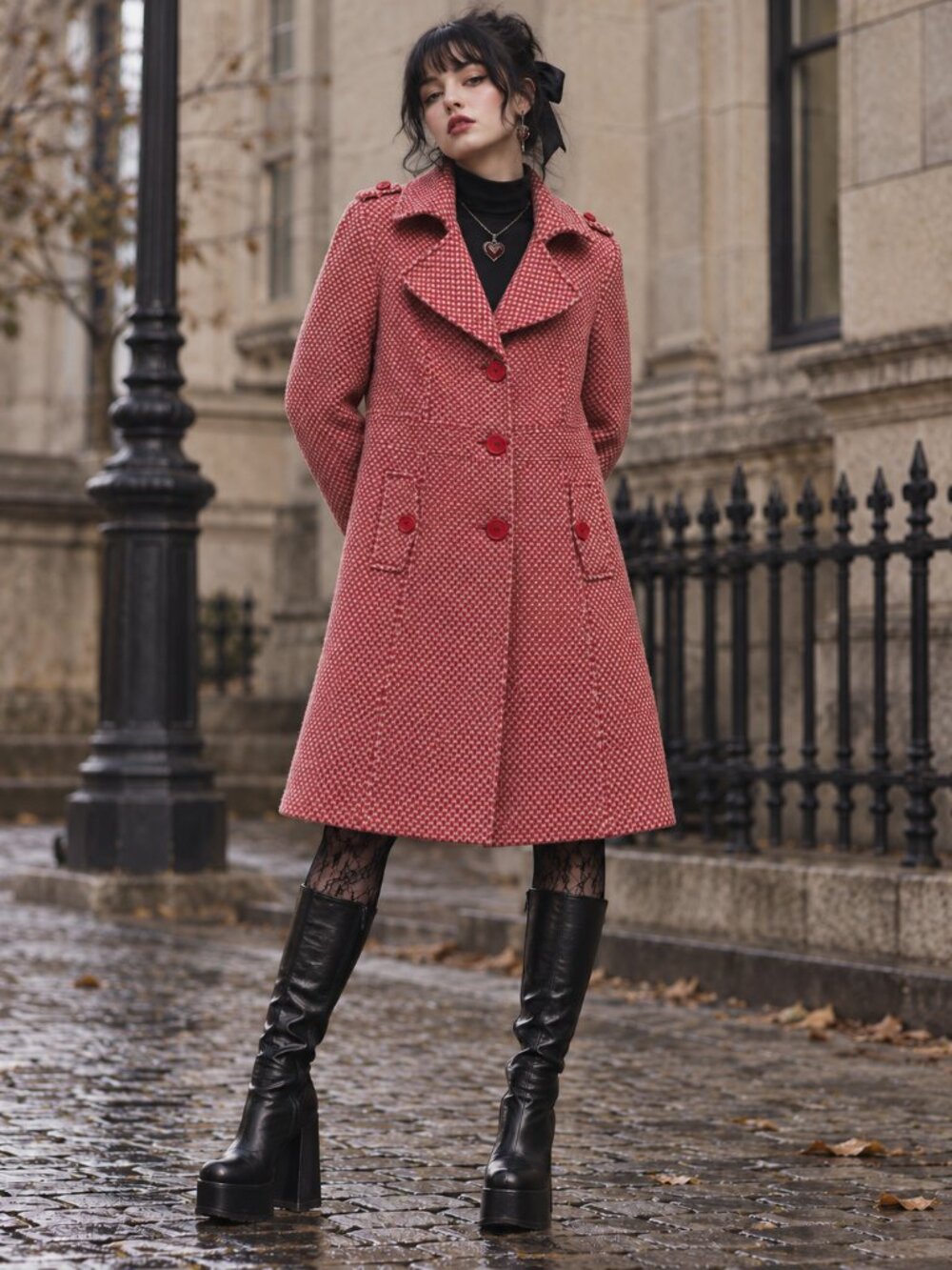 Casablank, Houndstooth Long Coat, Red & Cream, Size Medium
